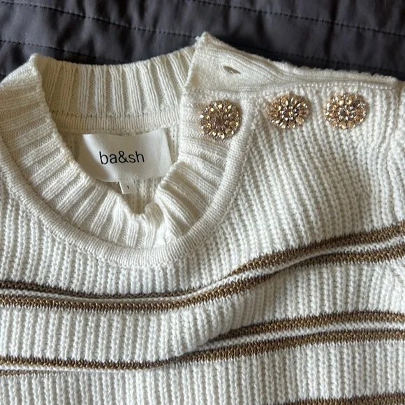 ba&sh Cream Striped Crewneck Sweater with Gold Buttons - Picture 2 of 5